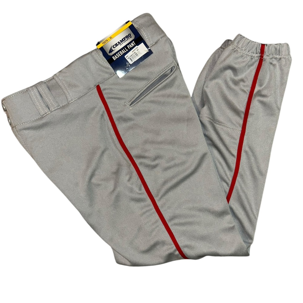 Champro Sports Baseball Pants- Cinched Ankle, Gray w/Red Stripe YXL